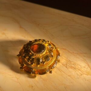 Vintage Big Gripoix Mogul Amber Rhinestone Snake Skin Gold Tone Brooch